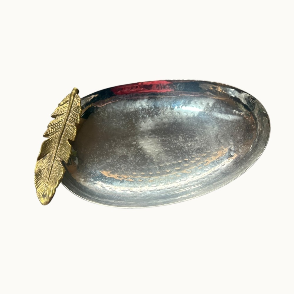 Badash Crystal Feathers 10" Oval Bowl LF895 Handmade India Silver Gold Decor